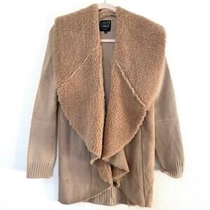 Dolce Cabo Faux Fur Waterfall Cardigan Beige Tan Sweater Jacket Women Size M